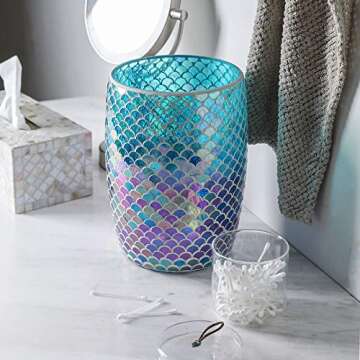 WHOLE HOUSEWARES Mermaid Blue Mosaic Glass Bathroom Wastebasket - Shiny Glass Ocean-Themed Garbage Can - Coastal Bathroom Accessories for Girls - Colorful Bathroom or Kitchen Trash Can, 7.5" x 10"