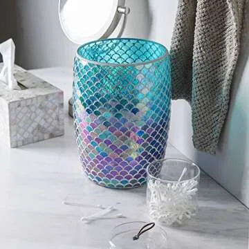 WHOLE HOUSEWARES Mermaid Blue Mosaic Glass Bathroom Wastebasket - Shiny Glass Ocean-Themed Garbage Can - Coastal Bathroom Accessories for Girls - Colorful Bathroom or Kitchen Trash Can, 7.5" x 10"