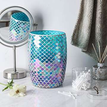 WHOLE HOUSEWARES Mermaid Blue Mosaic Glass Bathroom Wastebasket - Shiny Glass Ocean-Themed Garbage Can - Coastal Bathroom Accessories for Girls - Colorful Bathroom or Kitchen Trash Can, 7.5" x 10"
