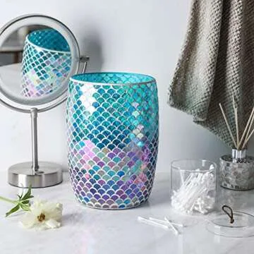 WHOLE HOUSEWARES Mermaid Blue Mosaic Glass Bathroom Wastebasket - Shiny Glass Ocean-Themed Garbage Can - Coastal Bathroom Accessories for Girls - Colorful Bathroom or Kitchen Trash Can, 7.5" x 10"