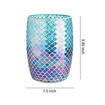 WHOLE HOUSEWARES Mermaid Blue Mosaic Glass Bathroom Wastebasket - Shiny Glass Ocean-Themed Garbage Can - Coastal Bathroom Accessories for Girls - Colorful Bathroom or Kitchen Trash Can, 7.5" x 10"