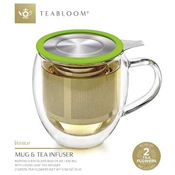 Teabloom Double-Wall Borosilicate Glass Mug with Stainless Steel Infuser and Lid – 15 OZ / 430 ML – 2 Gourmet Tea Flowers Included