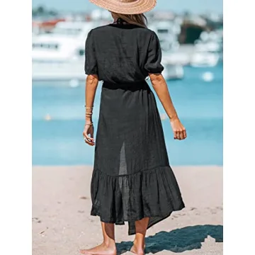 CUPSHE Women Open-Front Cover-Up Kimono Short Sleeves Cover Up Dress Casual Summer Longline Hem Cover Ups,M Black