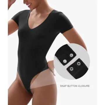 SHAPERX T-shirt Body Suits for Womens Soft Short Sleeve Bodysuit Sexy V Neck Tops Thong Jumpsuit, SZ5263-Black-XS