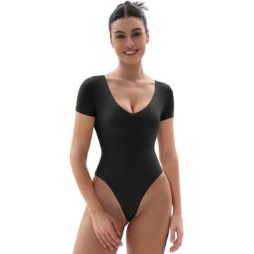 SHAPERX T-shirt Body Suits for Womens Soft Short Sleeve Bodysuit Sexy V Neck Tops Thong Jumpsuit, SZ5263-Black-XS