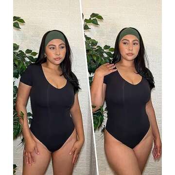 SHAPERX T-shirt Body Suits for Womens Soft Short Sleeve Bodysuit Sexy V Neck Tops Thong Jumpsuit, SZ5263-Black-XS