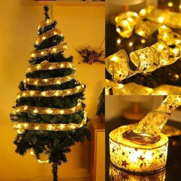 GIHOO Christmas Tree Decorations String Lights 32ft 100 LED Lights Copper Wire Ribbon Bows Lights fo...
