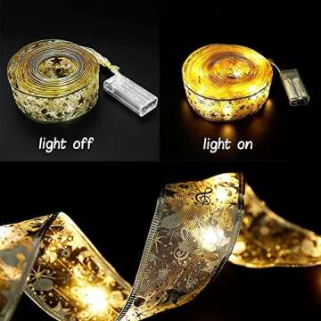 GIHOO Christmas Tree Decorations String Lights 32ft 100 LED Lights Copper Wire Ribbon Bows Lights for Party Weddings Holiday Christmas Tree Decorations (Gold Warm Light Battery Powered)