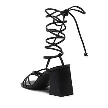 DREAM PAIRS Women's Lace Up Heels Strappy Block High Heel Square Open Toe Chunky Sandals for Party Travel Date Black Size 6.5 SDHS2380W