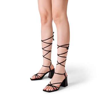 DREAM PAIRS Women's Lace Up Heels Strappy Block High Heel Square Open Toe Chunky Sandals for Party Travel Date Black Size 6.5 SDHS2380W