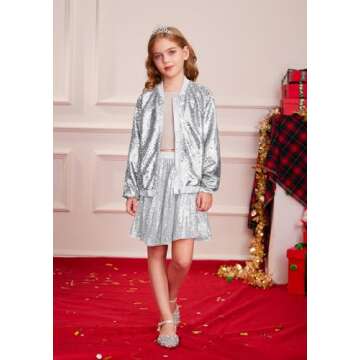 GRACE KARIN Girls Silver Sequin Jacket Sparkle Long Sleeve Fall Party Outwear Dress Coat Outwear Siz...