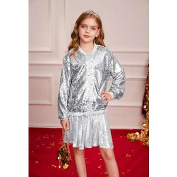 GRACE KARIN Girls Silver Sequin Jacket for Fun Occasions