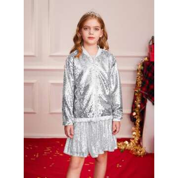 GRACE KARIN Girls Silver Sequin Jacket for Fun Occasions