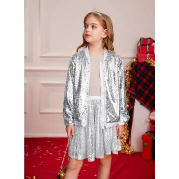 GRACE KARIN Girls Silver Sequin Jacket for Fun Occasions