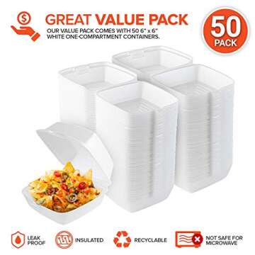 Stock Your Home 6x6 Clamshell Take Out Boxes (50 Pack) Small 1-Compartment Foam Food Containers Disp...