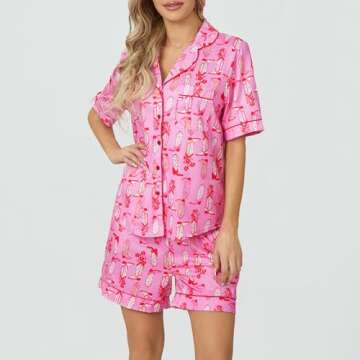 Yiulangde Cute Cowboy Pajamas For Women Pink Silk Holiday Pjs Horseshoes Boots Satin Y2k 2 Piece Lounge Shorts Set Sleepwear