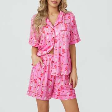 Yiulangde Cute Cowboy Pajamas For Women Pink Silk Holiday Pjs Horseshoes Boots Satin Y2k 2 Piece Lounge Shorts Set Sleepwear