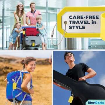 BlueCosto - Luggage Tags - Large, Yellow, 5 PK - PVC Suitcase Tags w/Privacy Cover & Stainless Steel Wire Loops - Personalized Baggage Identifiers for Travel - Backpack Name Labels