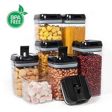 Vtopmart Airtight Food Storage Containers, 7 Pieces BPA Free Plastic Cereal Canisterwith Easy Lock Lids, for Kitchen Pantry Organization, 24 Labels, Black