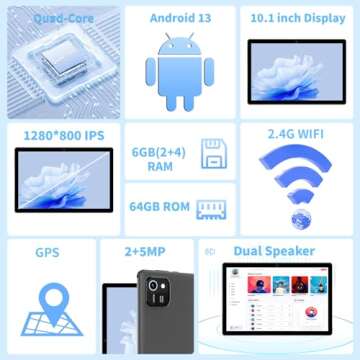 10 inch Tablet Android 13 Tablets, 6GB RAM 64GB ROM 512GB Expand, Quad-Core Processor, 1280x800 IPS ...
