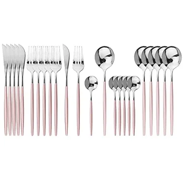 JASHII 24-Piece Elegant Flatware Set, Pink Silver Cutlery for Parties and More
