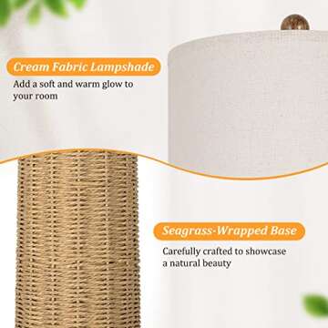 BesLowe 26" Coastal Table Lamps Set of 2 with 2 USB Ports, Rattan Nightstand Bedside Table Lamps for...