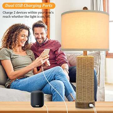 BesLowe 26" Coastal Table Lamps Set of 2 with 2 USB Ports, Rattan Nightstand Bedside Table Lamps for Living Room with Rotary Switch, Seagrass Farmhouse Desk Lamps for Bedroom Dorm Hotel