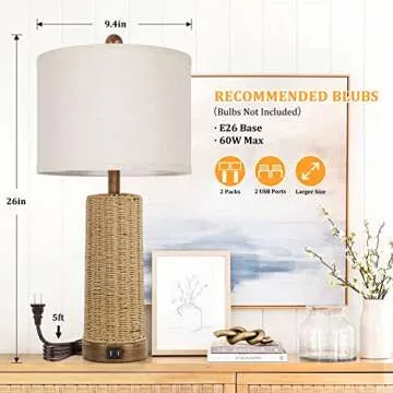 Stylish BesLowe Rattan Table Lamps with USB Ports