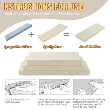 YIJIAN HOME Outdoor Bench Cushion 3.5inches Memory Foam Waterproof Patio Furniture Bench Cushion Porch Swing Cushion with Handle and Adjustable Strap, 48 x 18 Inch Cream