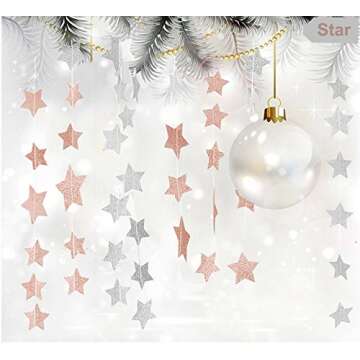 Glitter Pink Champagne Twinkle Star Hanging Garland - Sparkly Paper Five-Pointed Bunting Banner Stri...