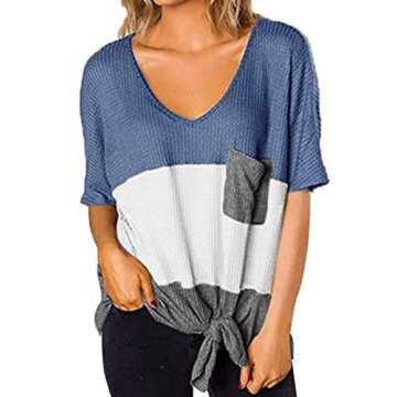 Womens V Neck Triple Color Shirts Waffle Knit Casual Tunic Tops Blue White Grey L