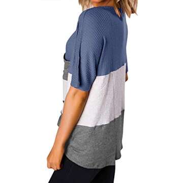 Womens V Neck Triple Color Shirts Waffle Knit Casual Tunic Tops Blue White Grey L
