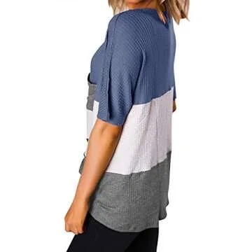 Womens V Neck Triple Color Shirts Waffle Knit Casual Tunic Tops Blue White Grey L