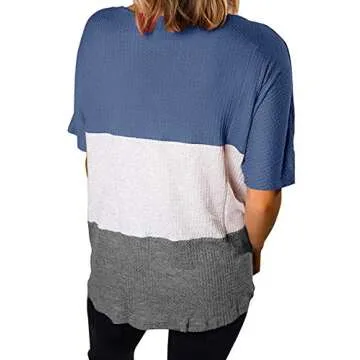 Womens V Neck Triple Color Shirts Waffle Knit Casual Tunic Tops Blue White Grey L