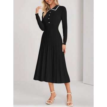 MIROL Women's Pleated Contrast Sweater Dress 2024 Fall Long Sleeve Button Lapel Collar Maxi Bodycon ...