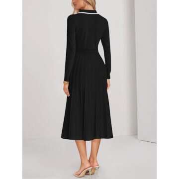MIROL Women's Pleated Contrast Sweater Dress 2024 Fall Long Sleeve Button Lapel Collar Maxi Bodycon Dress Black