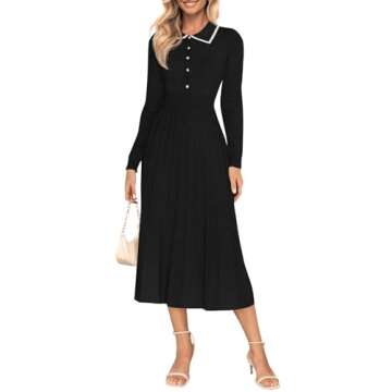 MIROL Women's Pleated Contrast Sweater Dress 2024 Fall Long Sleeve Button Lapel Collar Maxi Bodycon Dress Black