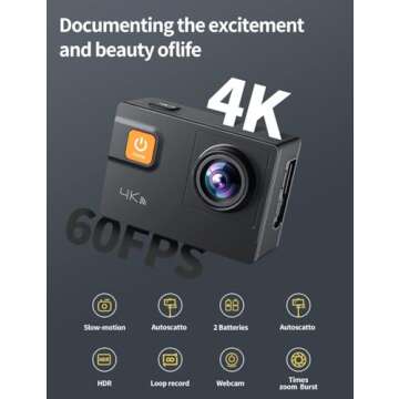 Action Camera 4K 60FPS 20MP Touch Screen 8X Zoom with Carrying Case,Wi-Fi EIS 40M Waterproof Underwa...