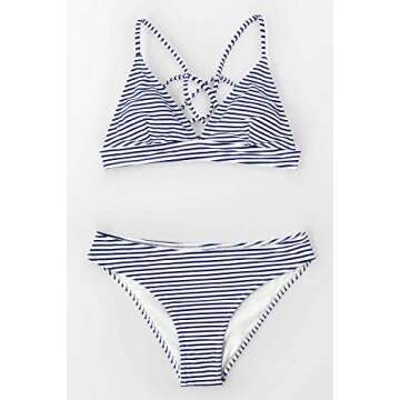 CUPSHE Women Stripe Printing Bikini Set Beach Bathing Suit M, Blue Horizontal Stripes
