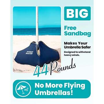 OutdoorMaster Beach Umbrella with Sand Bag - 6.5ft Beach Umbrella with Sand Anchor, UPF 50+ PU Coating with Carry Bag for Patio and Outdoor - Navy Striped