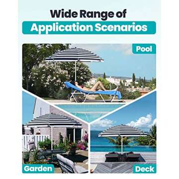 OutdoorMaster Beach Umbrella with Sand Bag - 6.5ft Beach Umbrella with Sand Anchor, UPF 50+ PU Coating with Carry Bag for Patio and Outdoor - Navy Striped