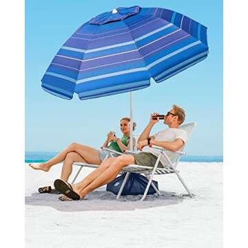 OutdoorMaster Beach Umbrella with Sand Bag - 6.5ft Beach Umbrella with Sand Anchor, UPF 50+ PU Coating with Carry Bag for Patio and Outdoor - Navy Striped