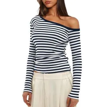 Darong Women's Striped One Shoulder Long Sleeve Chic Top