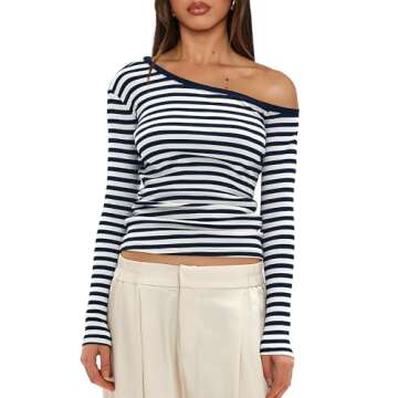 Darong Women's Striped One Shoulder Long Sleeve Chic Top
