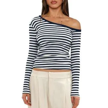 Darong Women's Striped One Shoulder Long Sleeve Chic Top