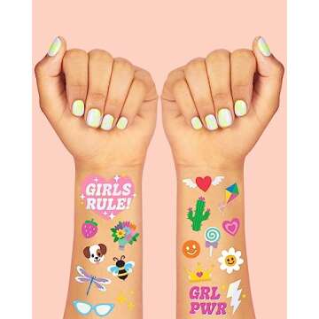 xo, Fetti 104 Kids Temporary Tattoos | Birthday Girl Party Favors, DIY Home Activity, Gift, Cute Temp Tats, Princess, Girl Power, Flower, Rainbow