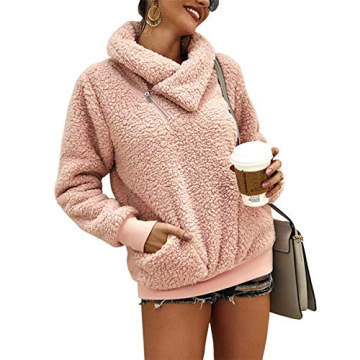 KIRUNDO Women's 2025 Winter Lapel Fuzzy Fleece Sweatshirt Faux Shearling Zipper Warm Sherpa Pullover Outwear With Pockets(Medium,Pink)