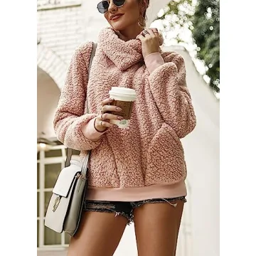 KIRUNDO Women's 2025 Winter Lapel Fuzzy Fleece Sweatshirt Faux Shearling Zipper Warm Sherpa Pullover Outwear With Pockets(Medium,Pink)