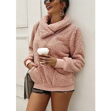 KIRUNDO Women's 2025 Winter Lapel Fuzzy Fleece Sweatshirt Faux Shearling Zipper Warm Sherpa Pullover Outwear With Pockets(Medium,Pink)