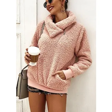 KIRUNDO Women's 2025 Winter Lapel Fuzzy Fleece Sweatshirt Faux Shearling Zipper Warm Sherpa Pullover Outwear With Pockets(Medium,Pink)